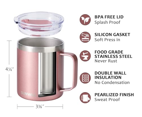 Image of SUNWILL 14 oz Coffee Mug Set, Vacuum Insulated Camping Mug with Lid, Double Wall Stainless Steel Travel Tumbler, Coffee Cup Outdoor, Cool Grey & Rose Gold 2 Pack