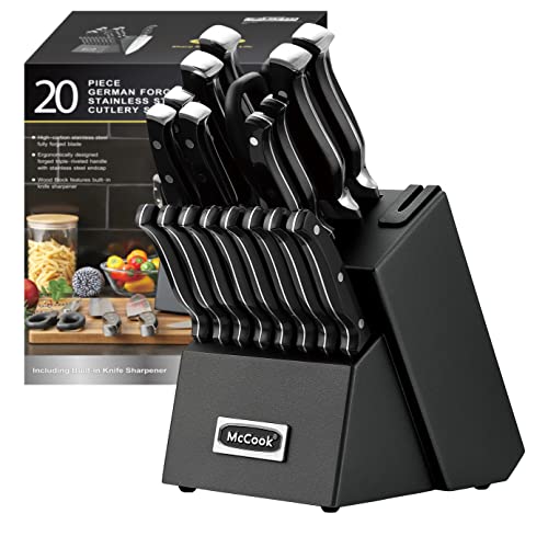 Image of McCook Knife Sets,German Stainless Steel Kitchen Knife Block Set with Built-in Sharpener, 20-Piece Razor-Sharp Kitchen Knives, Forged Triple Rivet,Full Tang,Ergonomic Handle,Elegant Box for Gift