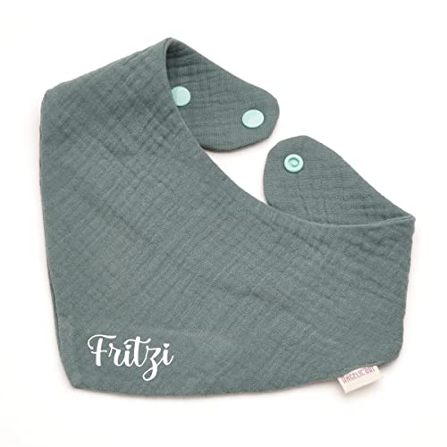 Personalisiertes Dreieckshalstuch aus Baumwolle, Halstuch für Jungen, Mädchen, Unisex, mit Druckknopfverschluss, in verschiedenen Farben mit Wunschnamen-Musselin (Dunkelmint)