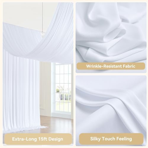 50x15ft White Backdrop Curtains for Parties - 10 Panels 5x15ft Wrinkle-Free Silky Polyester Drapes for Wedding, Birthday, Decorations & Graduation Background - 4