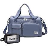 Blue Gym Bag for Women, Waterproof Travel Duffle Bag Carry On Weekender Bag with Shoe Compartment &