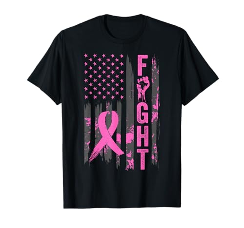 Fight USA Flag Breast Cancer Awareness Patriotic Pink Ribbon T-Shirt