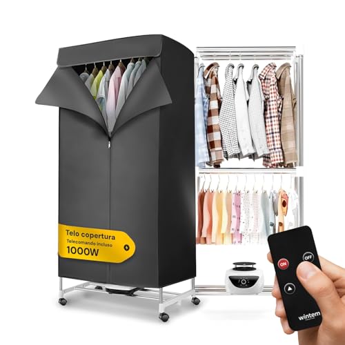 Wintem Drybox Smart Asciugatrice ad Aria Rettangolare 1000W con Timer 4 Ore, Telo di Copertura e Telecomando, Multiuso come Stendibiancheria Elettrico e Armadio Portatile