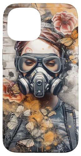 スチームパンク 女性 ガスマスク 水彩画 蝶 スマホケース iPhone 15 用