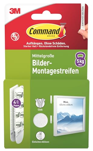 Command Mittelgroße Klebestreifen, Bildaufhänger, Packung mit 4x2 (8 Strips), Größe M, Weiß - Bilder Aufhängen ohne Bohren