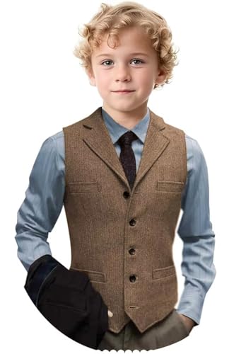 Boys Vest Vintage Tweed Herringbone Kids Waistcoat with Pocket Toddler Slim Fit Sleeveless Vest for Wedding Party2