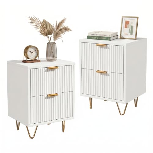Image of White Bedside Table Set of 2 for Bedroom, Nightstands with 2 Drawers, 40x40x55cm, Fluted Drawer Fronts, Gold Metal Legs and Handles, Side Table for Bedroom, Living Room