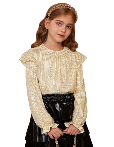 GRACE KARIN - Top da ragazza con paillettes per feste, completamente foderato, a maniche lunghe, camicetta per feste di compleanno, costume da danza hip hop, Oro, 12-13 Anni