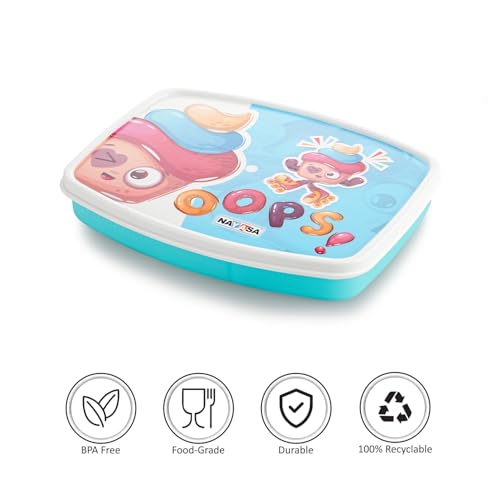 Image of Nayasa Witty Deluxe Mini 2 Compartment Lunchbox | BPA Free and Food Grade Plastic Tiffin | Cupcake Print | 450 ML | Blue