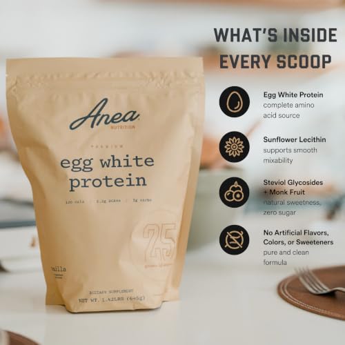 Image of Anea Protein Powder, Egg White Protein Powder, Complete Amino Acids, Egg Whites, No Artificial Sweeteners, Gluten Free, Dairy Free, Soy Free, Vanilla Flavor, Informed Choice Certified, 20 Servings