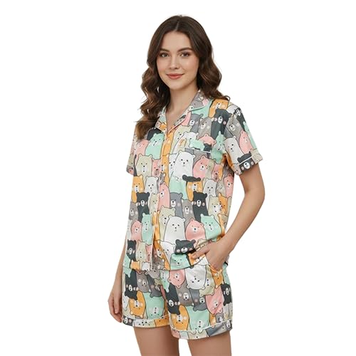 Women's Casual Printed Satin Nightsuit Co-ord Set, Short Pajama and Top, Everyday Nightwear Pyjama Set-image-19