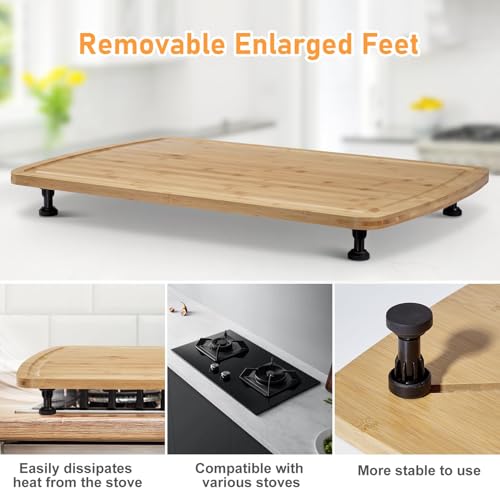 Cubierta de estufa y tabla de cortar de bambú carbonizado 30"x21" - Tabla extra gruesa de 0.8" con patas, ranuras para jugos y patas resistentes al calor para RV, isla de cocina y encimera miniatura 3