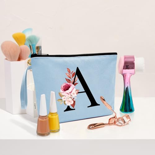 Image of Vavabox A-Z Personalized Makeup Bag, Birthday Gifts for Women Mom, Gifts for Best Friend, Bride Bridesmaid Cosmetic bag (A, Blue)