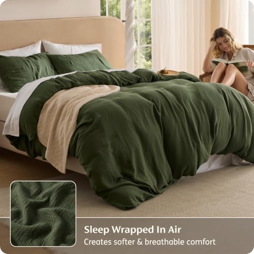 Image of Bedsure 100% Muslin Cotton Duvet Cover Queen Size - Ultra-Soft Gauze Duvet Cover, PureWoven Breathable & Lightweight Bedding Set with Zipper Closure and Corner Ties (Olive Green, Queen, 90 inchx90 inch)