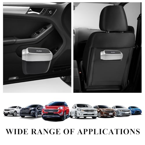Image of Car Trash Can with Lid, Mini Hanging Push Car Garbage Container with 30 Trush Bags, Portable Leakproof Rubbish Organizer for Most Vehicles Office Home, Car Accessories (Silver)
