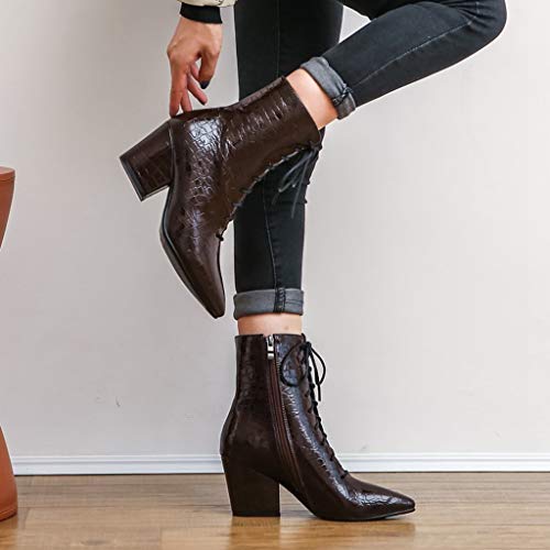 MIOKE Women's Western Chelsea Ankle Boots Pointed Toe Lace Up Zipper Chunky High Heel Dressy Short Booties3