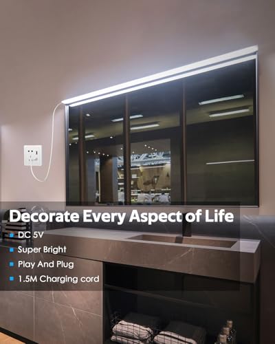 Image of 5V USB COB LED Light Strip with Dimmer 3.3FT Daylight White LED Rope Lights Indoor Tunable 6000K Super Density 320LEDs /M IP67 Waterproof LED Tape Light for Bedroom TV Backlight Mirror Decor