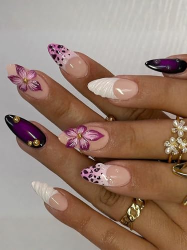 Image of Secret Lives 3D Floral French Tip Press-On Nails with Pink Leopard Accent - Almond Shape Nude & Purple Glossy Fake Nails, 24-Piece Set with Application Kit
