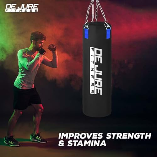 Image of De Jure Fitness Heavy Duty 3 Ft Punching Bag with Rust-Proof Stainless Steel Hanging Chain | Durable Polyurethane PU Fabric | Comfortable Recycled Filling | Boxing MMA, Kickboxing - Black-PU, 3 Ft