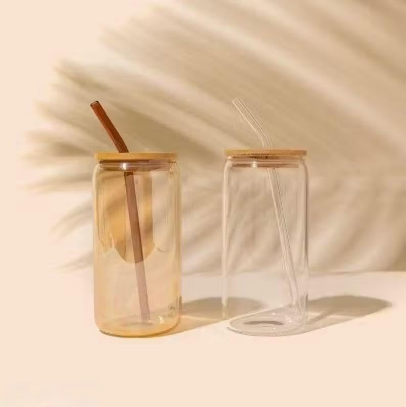 Image of SUANI Can Glass Tumbler with Lid and Straw, 500ml Transparent Drinking Glass Cup for Iced Coffee, Cold Coffee, Juice, Smoothies, Milk, Tea and Beverages, Pack of 1