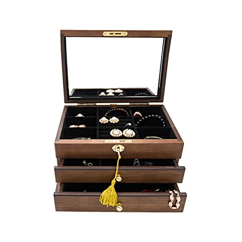 Hjuik Household 3-Layer Wooden Jewelry Storage Box With Lock Retro Earrings Necklace Bracelet Jewelry Box (Color : Antique Color) #TOP1