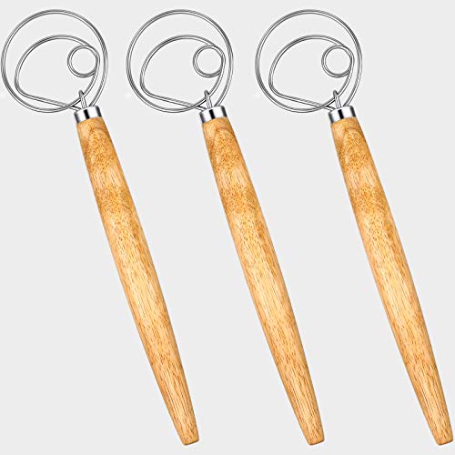 3 Pieces Stainless Steel Dough Whisk Original Danish Dough Whisk Wooden Bread Whisk for Kitchen Baking