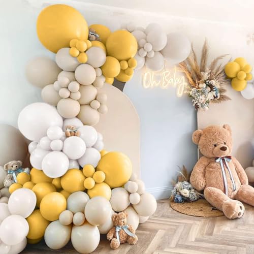 Kit Arche Ballon Jaune et Sable Blanc, 130 Pièces Guirlande Decoration Anniversaire, Mariage, Bébé Shower, Graduation