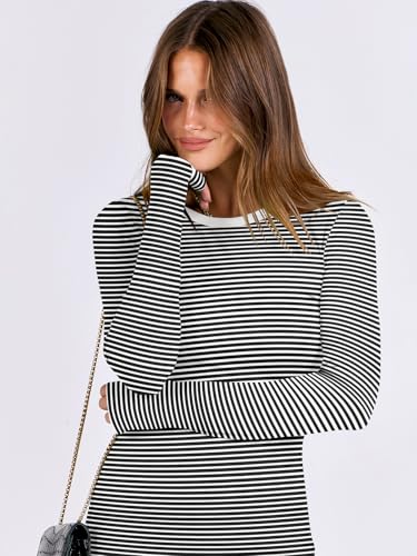 Image of ANRABESS Women Long Sleeve Shirts Rib Knit Slim Fit Tops Basic Tee Spring Outfits Casual T-Shirt Underscrubs Layer Clothes