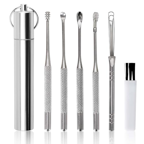 Luxvara 6 Peças Limpiador de Oídos con Tubo de Almacenamiento, Acero Inoxidable Ear Cleaner, Herramientas de limpieza de Oídos, Removedor de Cera de Oído, Limpia Oído para Adolescentes Adultos