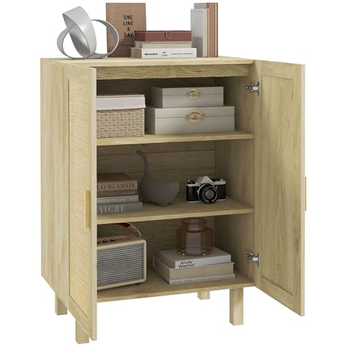 HOMCOM Armario de Salón con 2 Puertas de Rejilla de Ratán y Estantes Ajustables Aparador de Salón para Oficina Estudio Dormitorio Estilo Nórdico Antivuelco 73x41x102 cm Natural