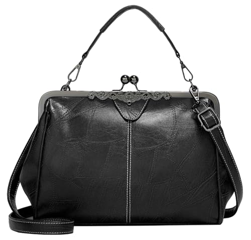 Bolsa tiracolo feminina vintage com alça superior Kiss Lock bolsa retrô de couro sintético bolsa mensageiro feminina, Preto, 11.02 x 6.29 x 8.66 inches