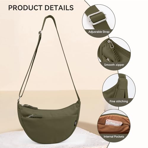 KALIDI Crescent Bag for Women, Multi Pockets Canvas Shoulder Bag Hobos Crossbody Bag Portable Crescent Bag with Adjustable Strap for Travel Daily Use (army green) - Image 5