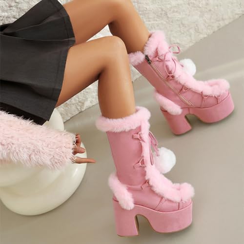 Platform Boots for Women Chunky Heel Platform Fur Boots Lace Up2