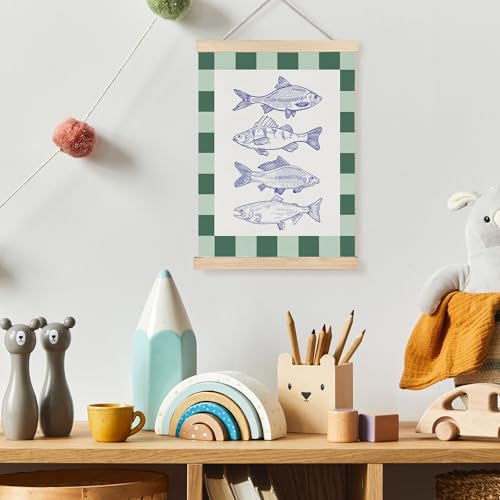 Image of PQKIY Green Plaid Coastal Beach Fish Wall Art Decor,Ocean Room Decor,Vintage Blue Fish Nautical Wall Decorative for Bedroom Living Room Home,12x16 Inch