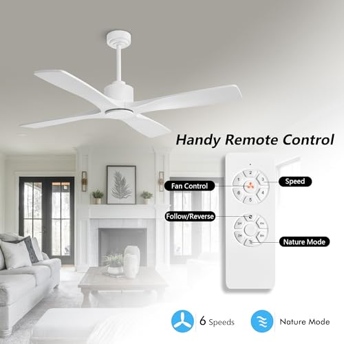 WINGBO 48 No-Light DC Ceiling Fan with Remote, 4 Wood Blades, 6-Speed Motor, Gloss White Finish, ETL Listed