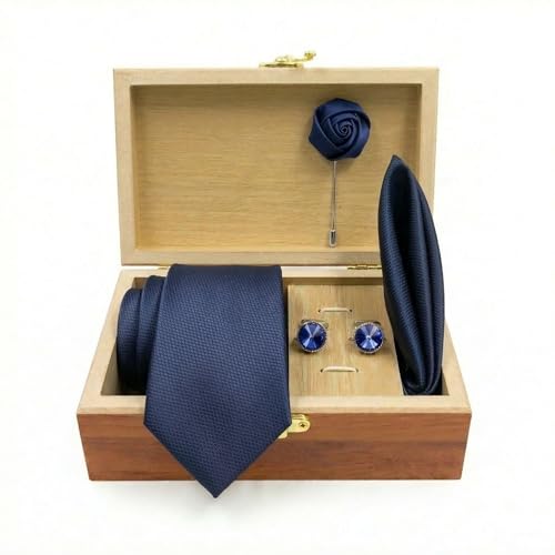 Image of Men's Necktie Gift Set with Wooden Box | Premium Tie, Pocket Square, Cufflinks & Lapel Pin | Elegant Formal Accessories Gift for Men