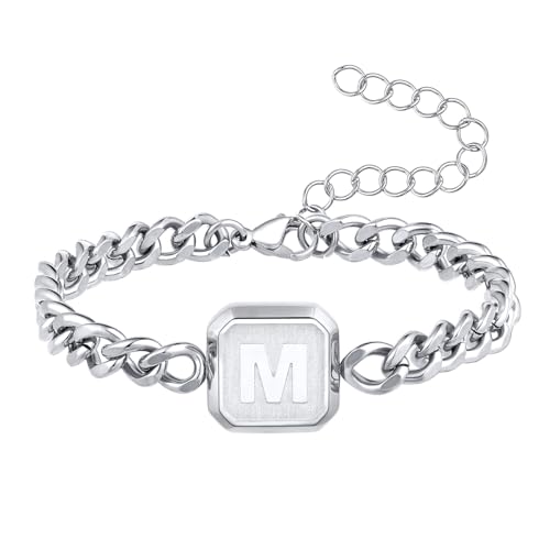 Image of Bellino Initial Bracelet Cuban Link Chain Mens Bracelets Jewelry Gifts | Initial Cuban Link Bracelet for Mens Bracelet Adjustable Size Stainless Steel Men Jewelry Birthday for him Dad Brother Son