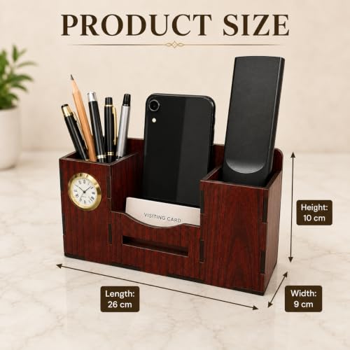 Image of Zesta Wooden Desk Organizer Pen Stand Remote Holder Card Slot | Table Accessory Office Desk Study Room | Pencil Storage Stand Stylish Workspace Decor (Rosewood, Organiser with Watch)