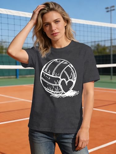 FlowFem Volleyball Shirts for Women Funny Game Day T-Shirt Cute Heart Tee Tops Grey