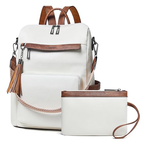 Shrrie Mochila feminina de couro vegano para laptop de 15,6 polegadas, mochila de viagem moderna para viagem, trabalho na faculdade, 2 bege com marrom, Moderna, minimalista