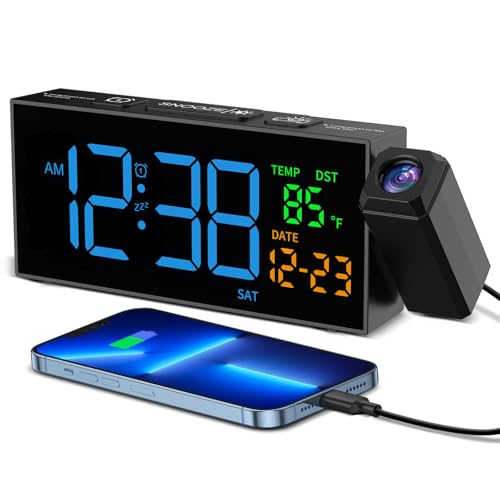 Despertador digital con proyección, despertador con proyector de 350°, termómetro, fecha, pantalla grande, 10 tonos de timbre, 4 brillo, 4 volumen, DST manual, despertador ruidoso dormitorio (azul)