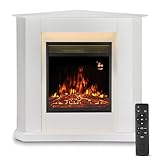 Juskys Chimenea Eléctrica 1000/2000W con Calefacción, Chimenea, Efecto Llama, Mando A Distancia, Iluminación Led Y Temporizador - Chimenea Eléctrica De Rincón (Blanco)(96X57X94Cm)