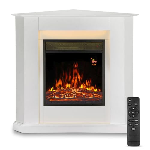 Juskys Chimenea Eléctrica 1000/2000W con Calefacción, Chimenea, Efecto Llama, Mando A Distancia, Iluminación Led Y Temporizador - Chimenea Eléctrica De Rincón (Blanco)(96X57X94Cm)