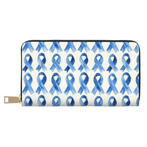 Leather Thin Slim Wallets for Women & Men - Blue Ribbons Print Card Wallet Holder with Zipper