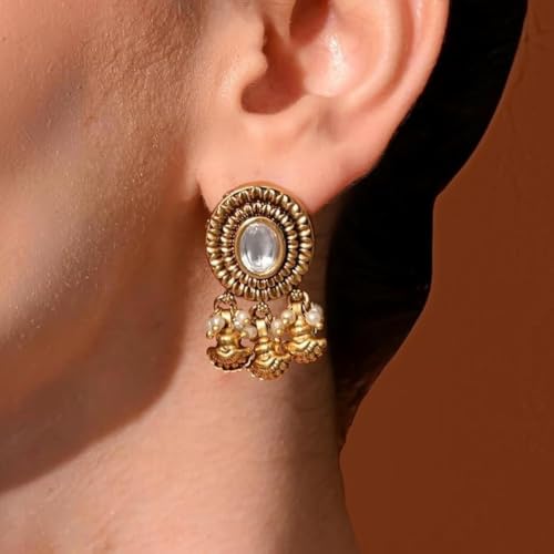 Image of Sayda JewelsGold Plated Antique Traditional Jhumka Earring Indian ethnic Temple design studs Chandbali Style Bridal, Wedding & Festive Jewellery For Women & Girls