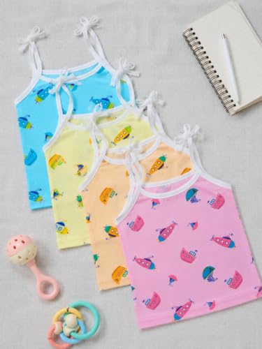 Image of Little Angels Baby Organic Cotton Tie-Knot Sleeveless Jhabla Vest Set | Pack of 4 | Soft & Breathable Printed Tops for Newborn & Infant Girls (0-12 Months)