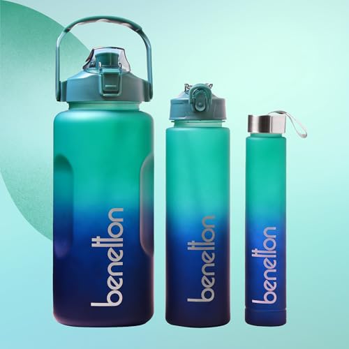 Image of United Colors of Benetton 3-in-1 BPA-Free Water Bottle Set | 2000 ML + 750 ML + 300 ML | Screw Cap, Flip Cap & Straw Lid | Leakproof Reusable Bottles | Gym, Sports, Travel & Daily Use | Pack of 3