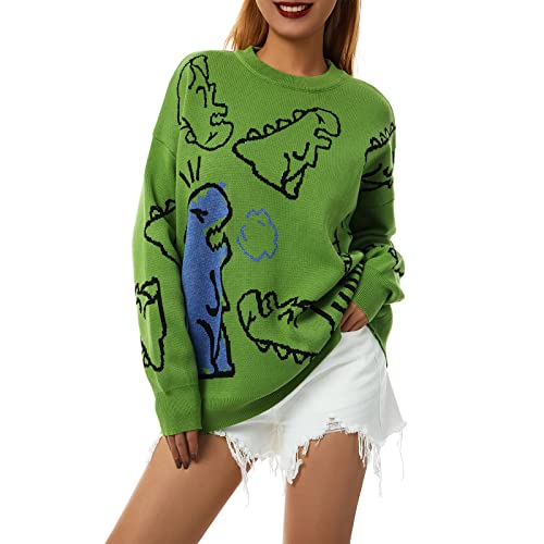 Women Y2K Long Sleeve Sweaters Crew Neck Knitted Pullover Tops Cute Overiszed Knit Jumper Printed Streetwear (Dinosaur Green,L) #TOP2