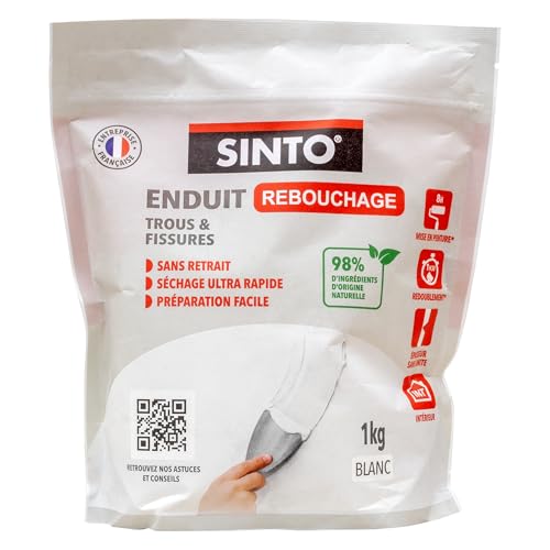 SINTO - Enduit de Rebouchage Poudre - 1kg - Sachet Doypack - Bois, Plâtre, Ciment, Briques - Sans Odeur - Séchage Rapide - Excellente Adhérence - Intérieur...