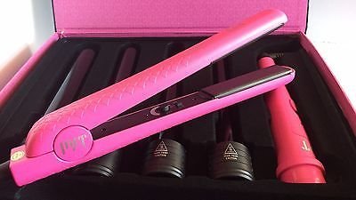 PYT Sasha Set - 1.25" Ceramic Flat Iron & 4 Piece Interchangeable Barrel Curling Wand Gift Set - Hot Pink
